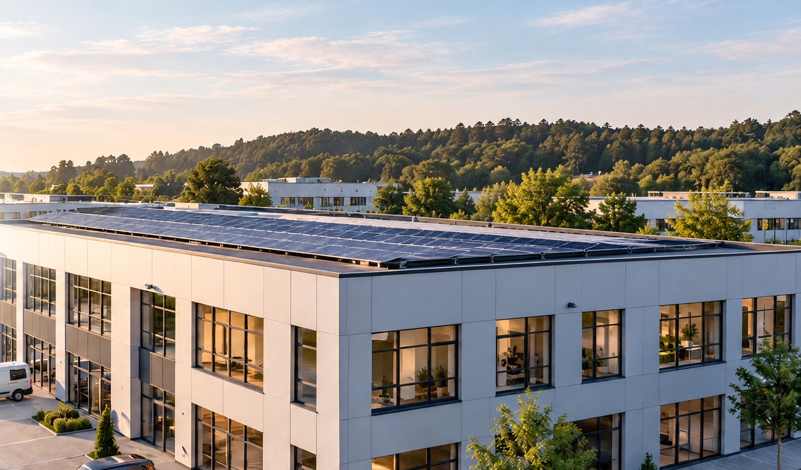 Modernes Bürogebäude mit Photovoltaikanlage auf dem Dach im Abendlicht
