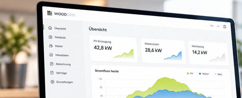 Übersicht des WOODGRID-Portals auf einem Laptop (Beispieldaten)