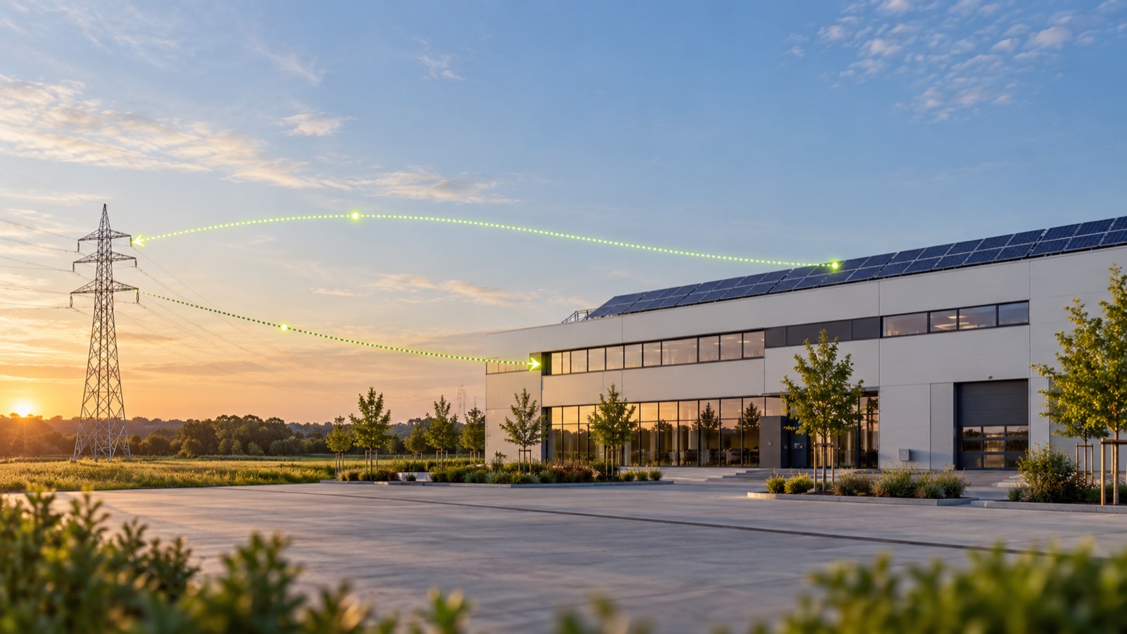 Gewerbegebäude mit Photovoltaikanlage und Strommast, zwei limettengrüne Stromverläufe zeigen Bezug aus dem Netz und Einspeisung