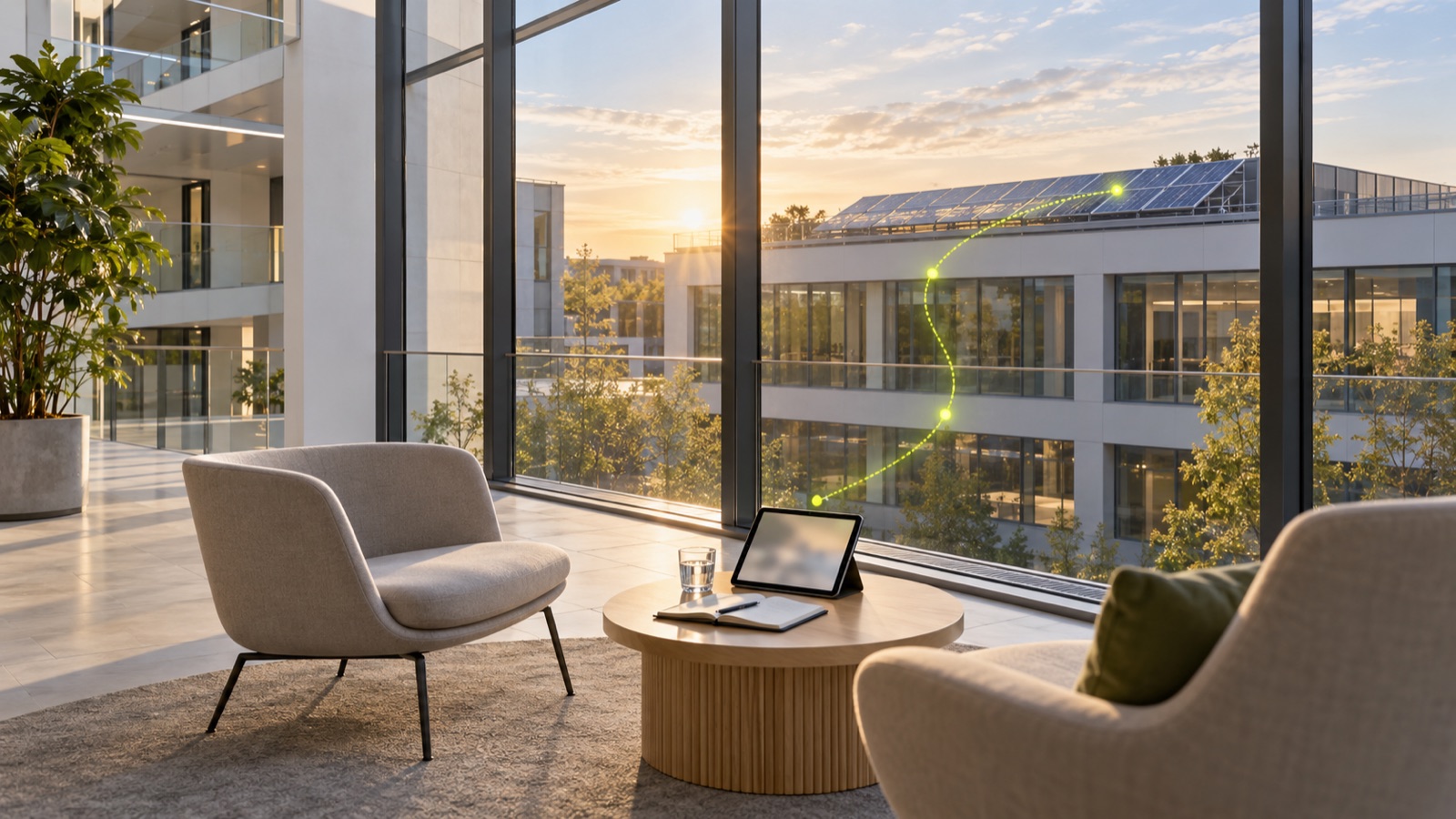 Lichthof eines Bürogebäudes mit Sitzbereich und Blick auf ein Gebäude mit Photovoltaikanlage, ein limettengrüner Stromverlauf führt zum Tablet auf dem Beistelltisch