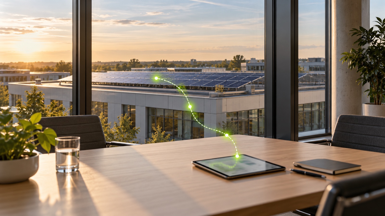 Besprechungsraum mit Blick auf ein Photovoltaikdach, ein limettengrüner Stromverlauf führt zum Tablet auf dem Tisch