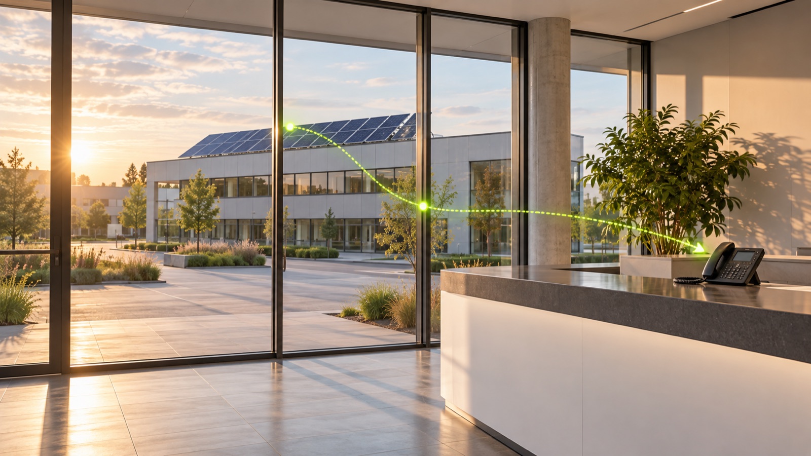 Empfangsbereich mit Blick auf ein Gebäude mit Photovoltaikdach, ein limettengrüner Stromverlauf führt zum Telefon am Empfang