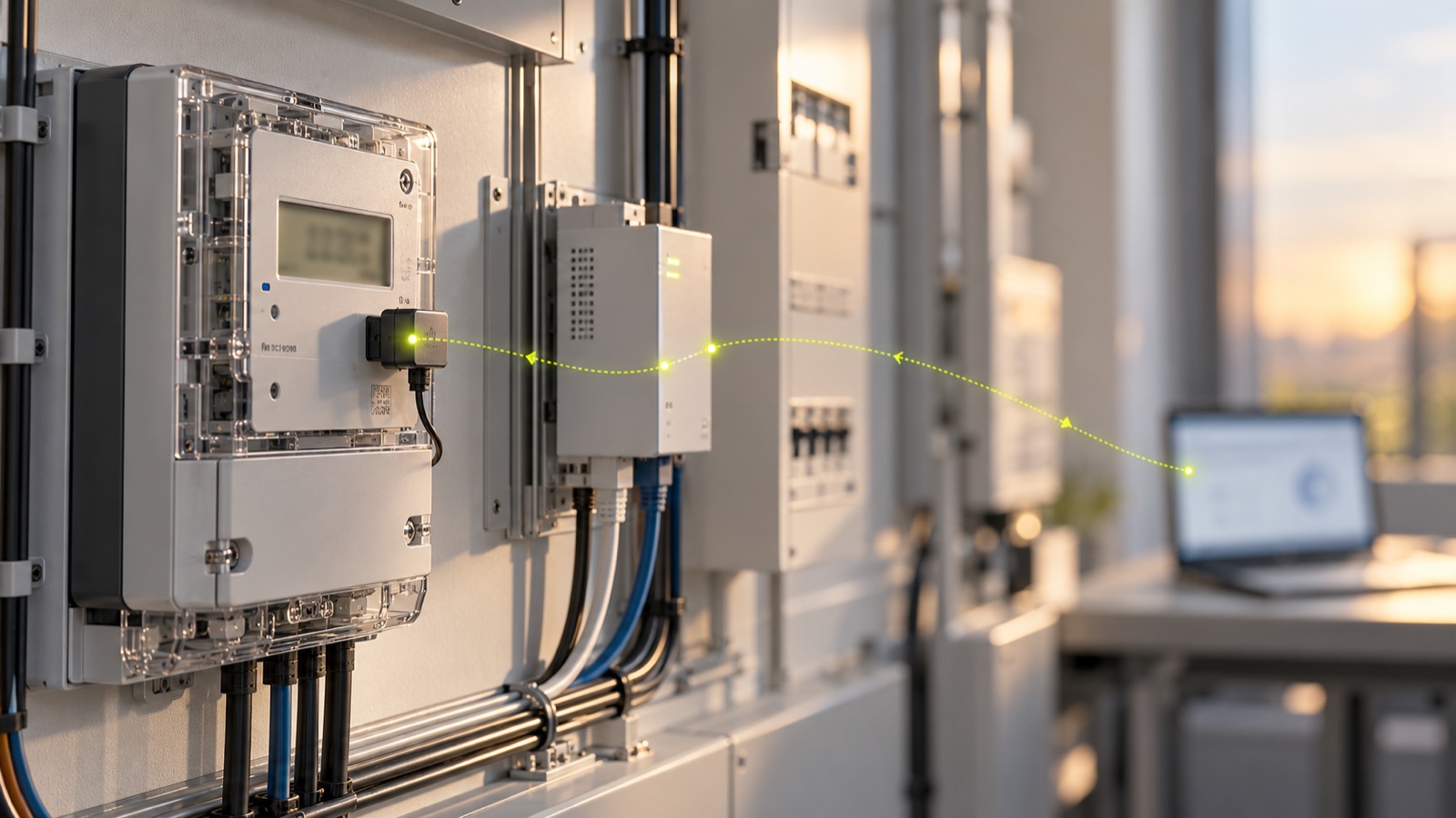 Digitaler Stromzähler mit optischem Lesekopf, ein limettengrüner Datenverlauf führt zum Gateway und zum Laptop