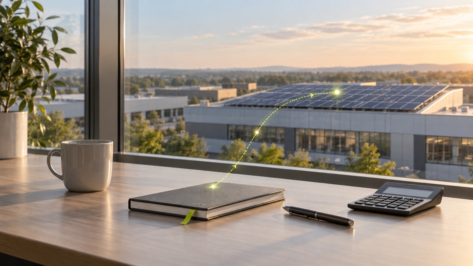 Schreibtisch mit Notizbuch und Taschenrechner vor einem Gebäude mit Photovoltaikdach, ein limettengrüner Stromverlauf führt zum Notizbuch