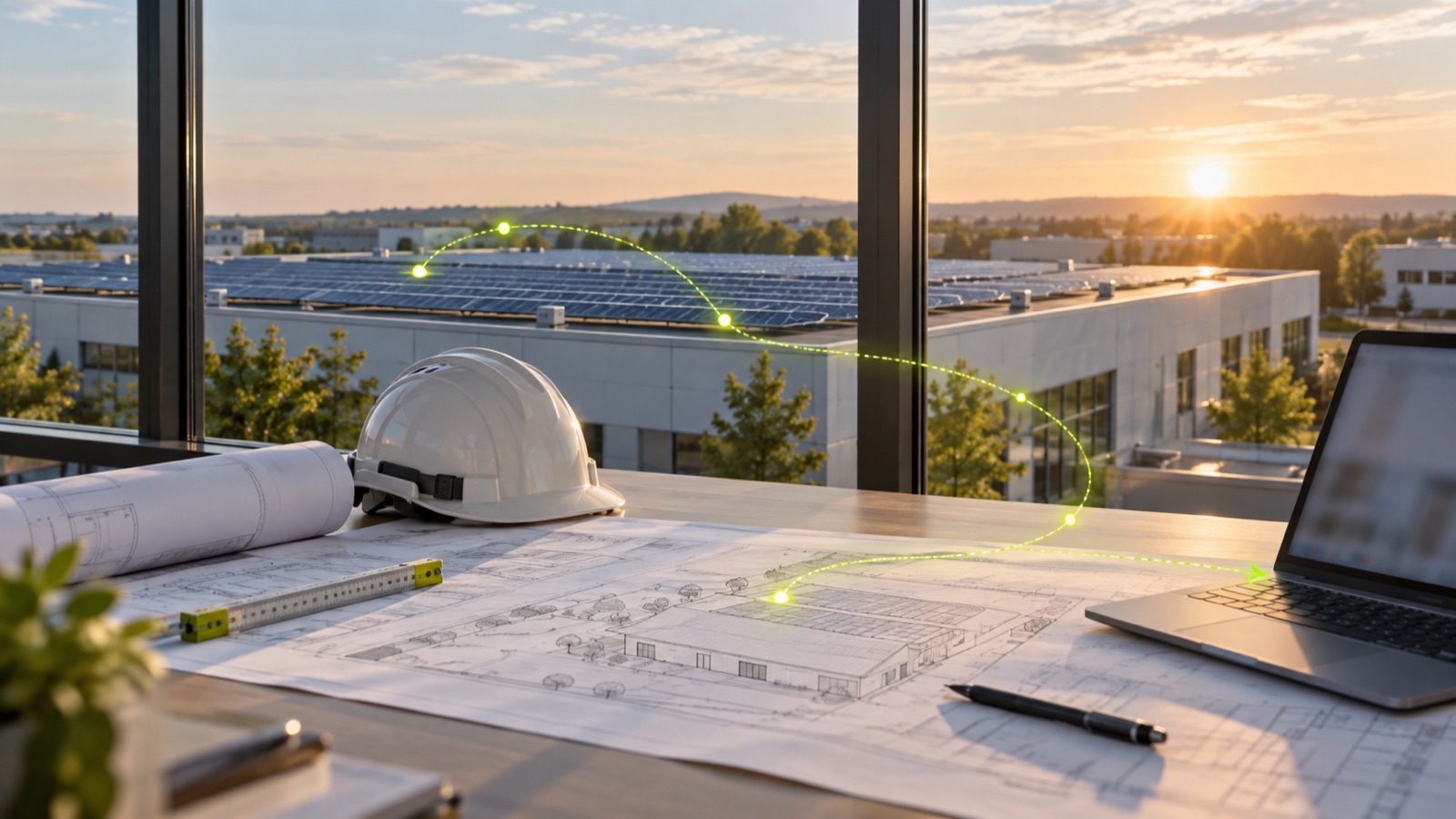 Planungstisch mit Gebäudeplänen, Schutzhelm und Laptop, davor ein Photovoltaikdach, ein limettengrüner Stromverlauf verbindet Dach, Plan und Laptop