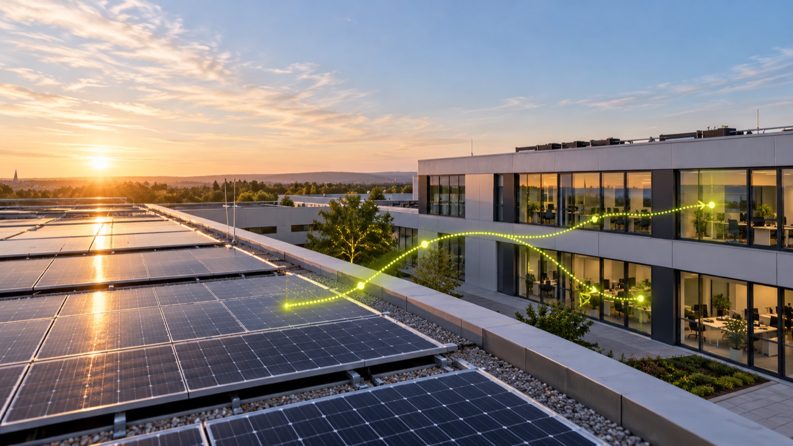Photovoltaikanlage auf dem Dach, ein limettengrüner Stromverlauf führt zu den Fenstern des Bürogebäudes