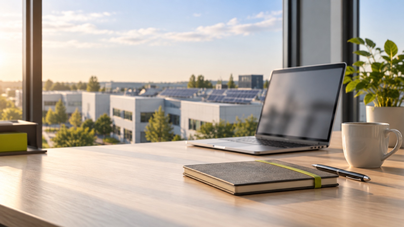 Aufgeräumter Schreibtisch in einem hellen Büro mit Laptop, Notizbuch und Kaffeetasse