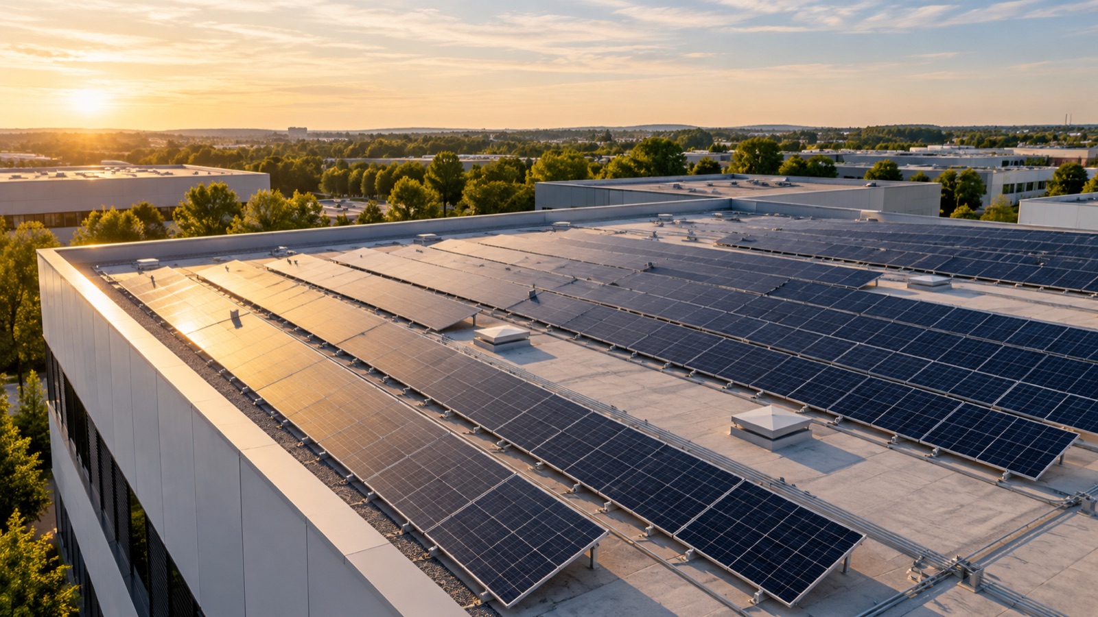 Flachdach mit Photovoltaikanlage in der Draufsicht mit gleichmäßigen Modulreihen im Abendlicht