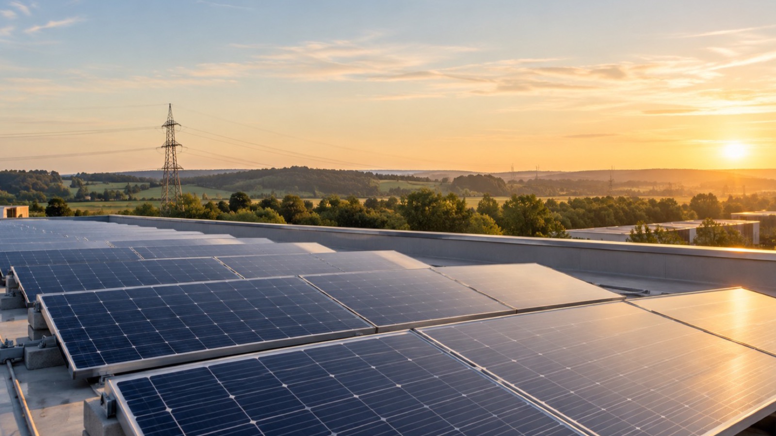 Photovoltaikanlage auf einem Gewerbedach, im Hintergrund ein Strommast mit Freileitung