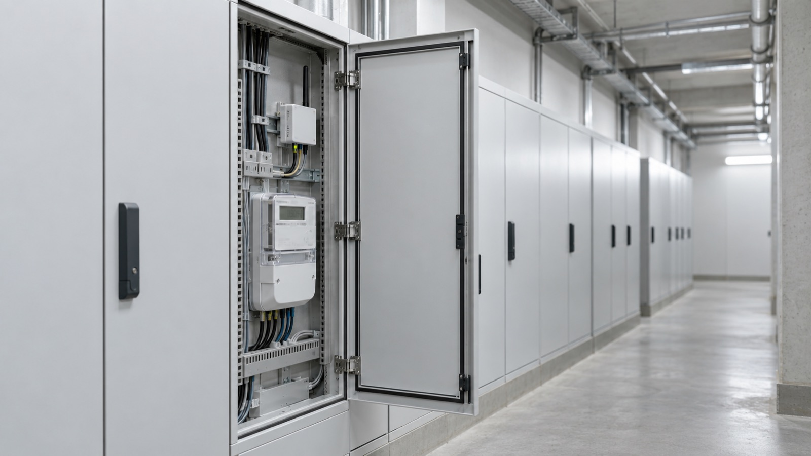 Heller Flur eines Gewerbegebäudes mit einer Reihe von Zählerschränken, einer davon geöffnet mit Zähler und Smart-Meter-Gateway