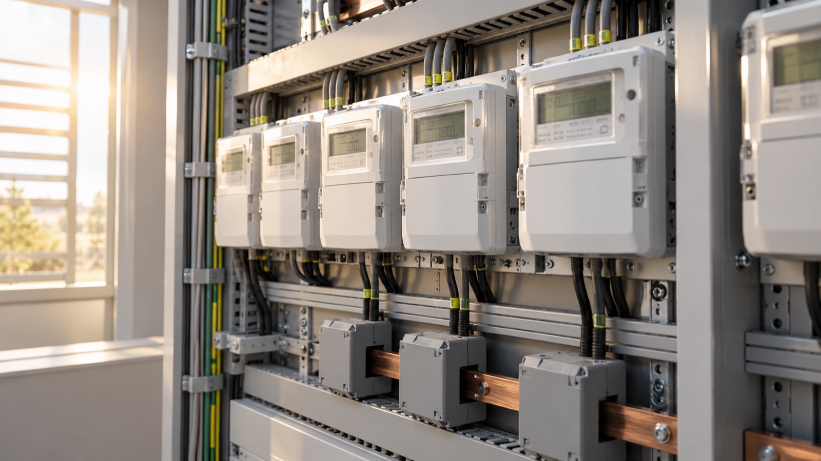 Zählerwand mit mehreren Zweirichtungszählern und Stromwandlern in einem Technikraum