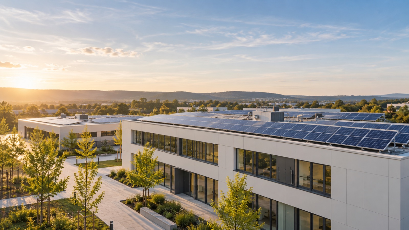 Modernes Gewerbegebäude mit Photovoltaikanlage auf dem Flachdach, dahinter ein zweites Gebäude
