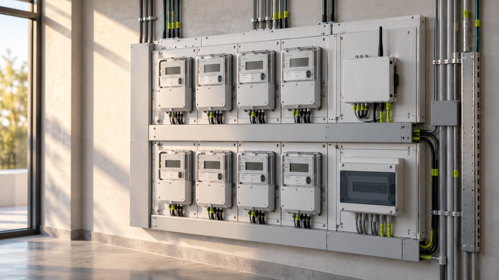 Ordentlich verkabelte Zählerwand mit modernen Stromzählern und Smart-Meter-Gateway in einem Technikraum eines Gewerbegebäudes