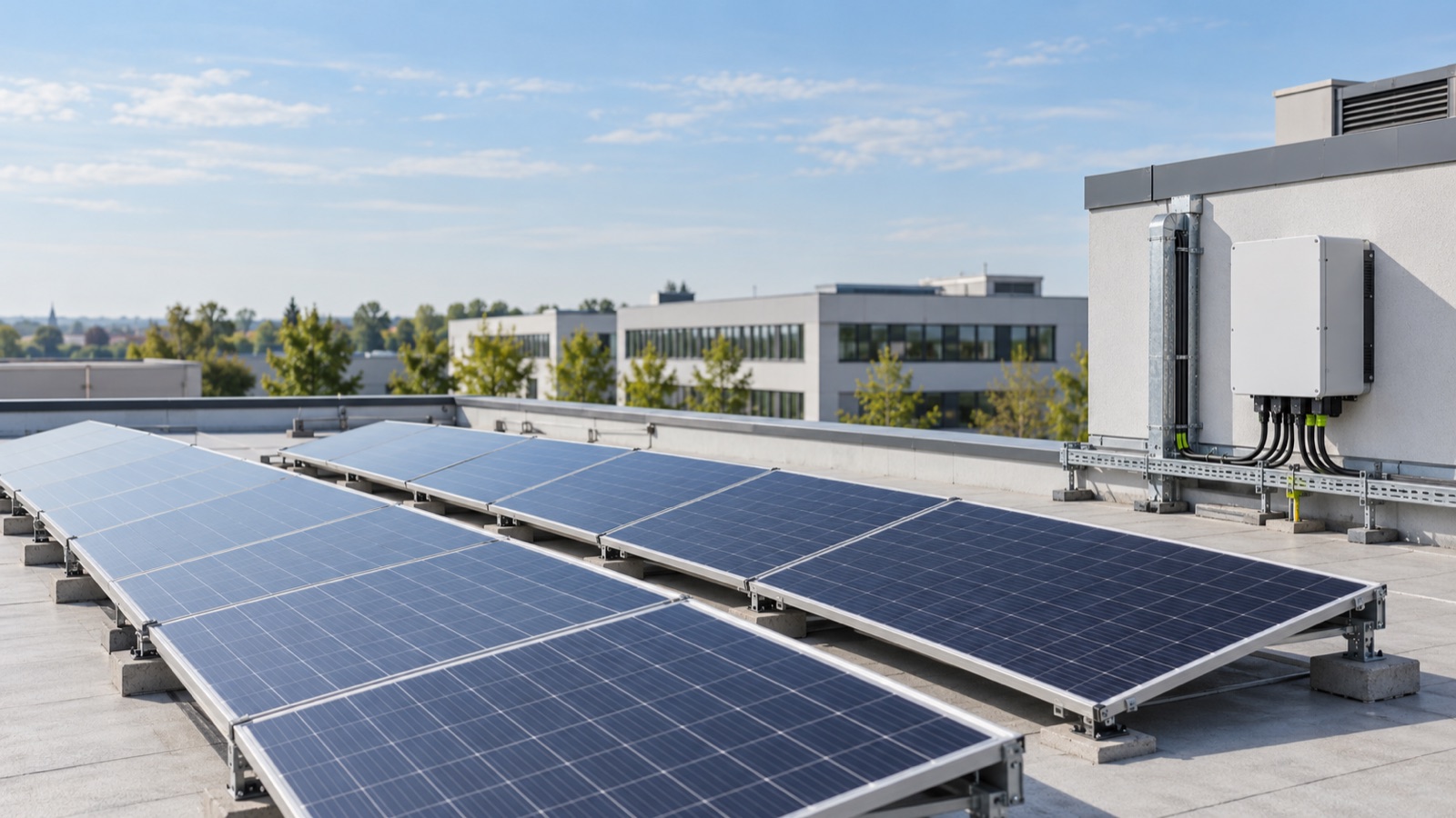 Flachdach mit Photovoltaikanlage und Wechselrichter, im Hintergrund ein benachbartes Gewerbegebäude
