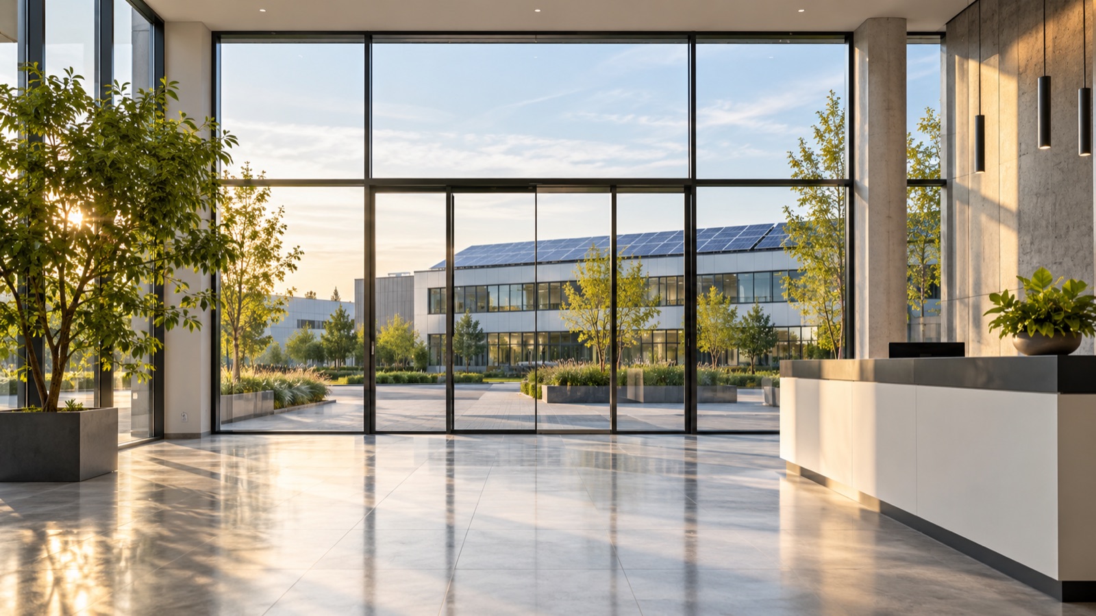 Helle Eingangshalle eines Bürogebäudes mit Blick durch die Glasfront auf ein Gebäude mit Photovoltaikanlage
